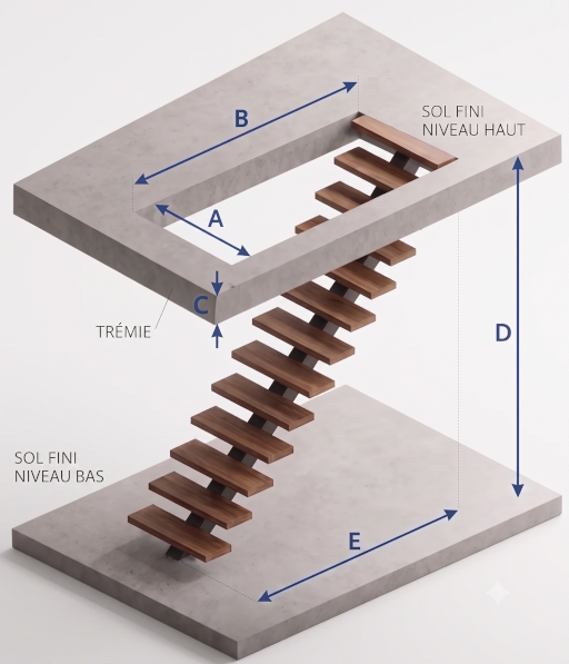 Schéma des cinq mesures A à E pour vérifier la compatibilité d’un escalier droit en stock