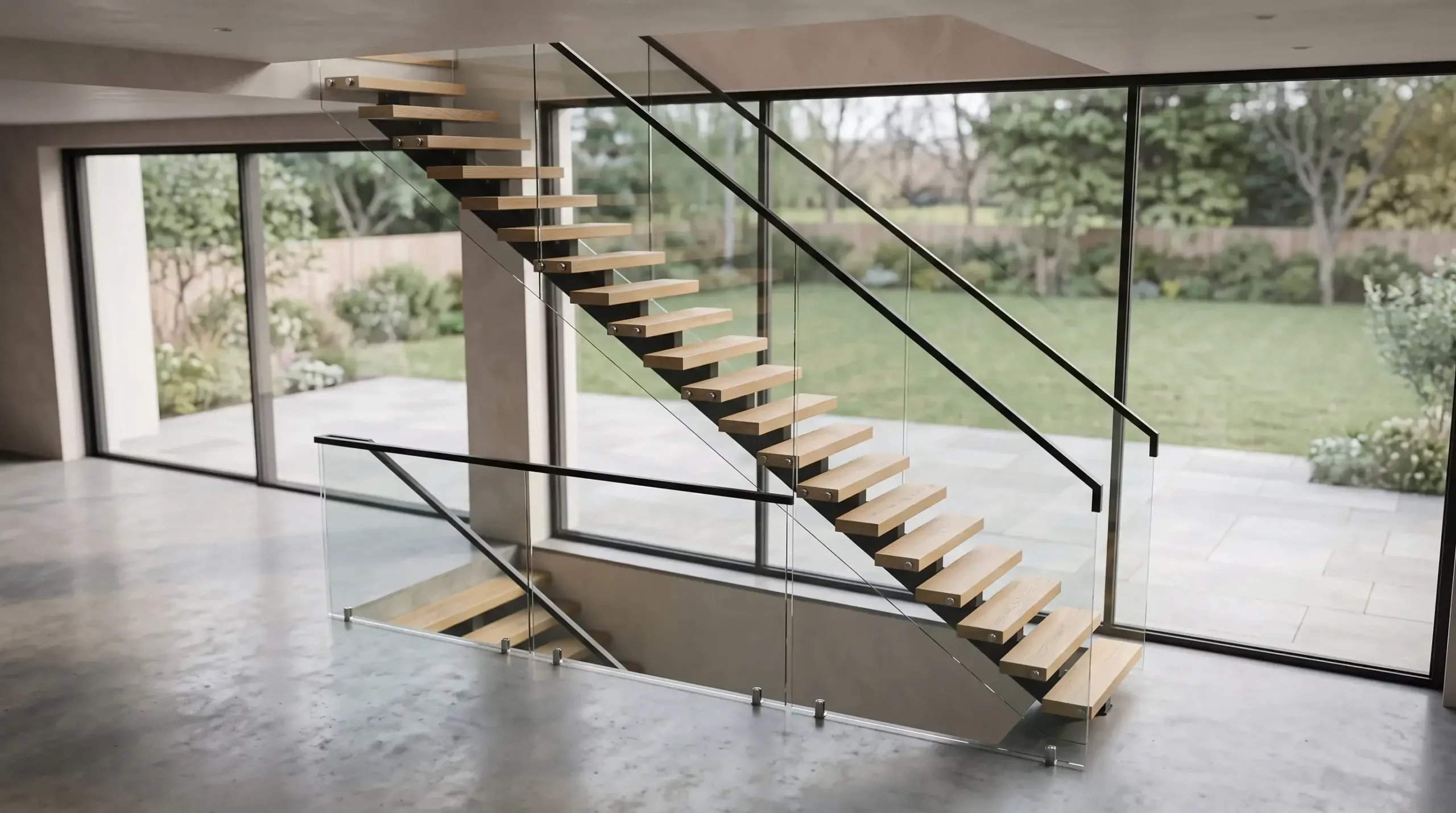 Escalier droit en acier avec garde-corps en verre dans un intérieur lumineux