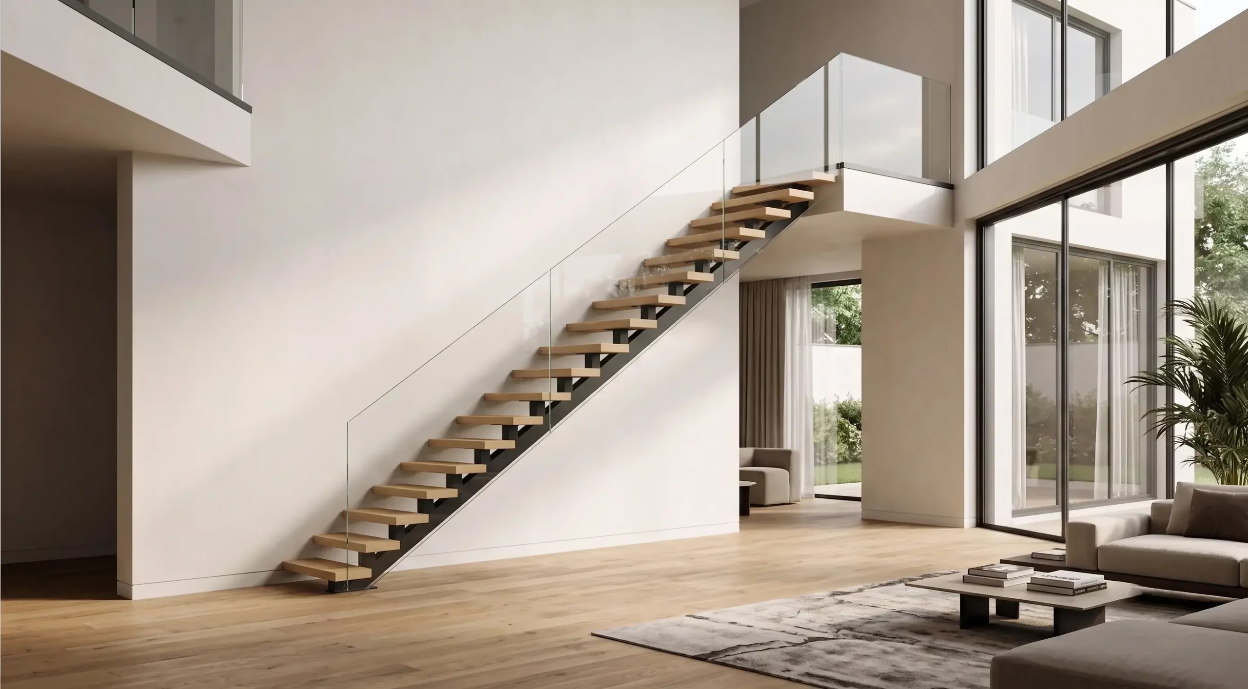Escalier droit en acier à limon central dans un intérieur moderne