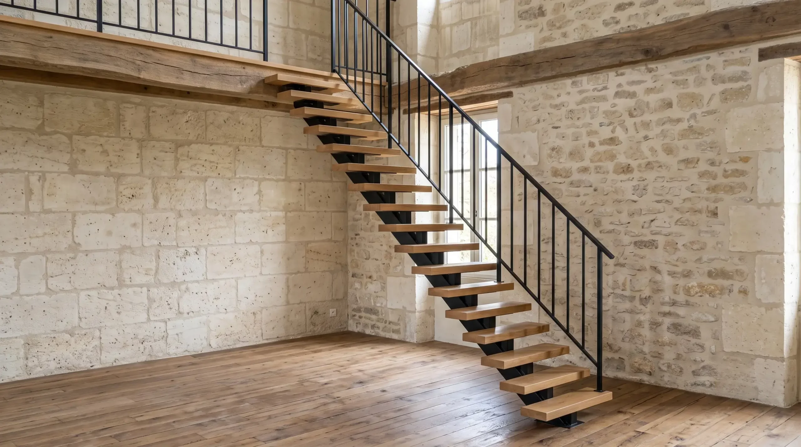 Escalier droit en acier avec garde-corps dans une maison en pierre