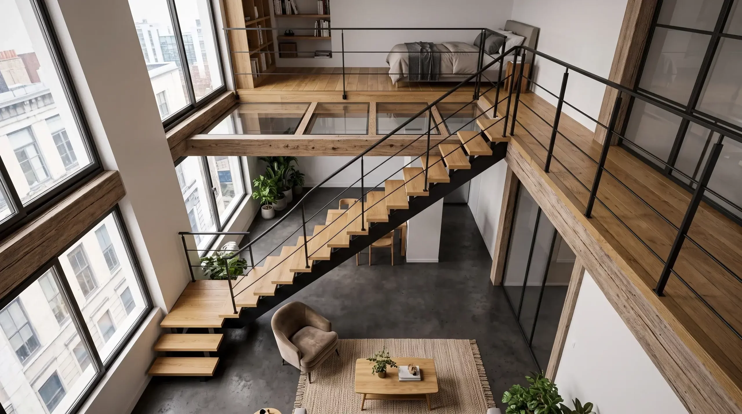Escalier droit en acier vu depuis une mezzanine intérieure