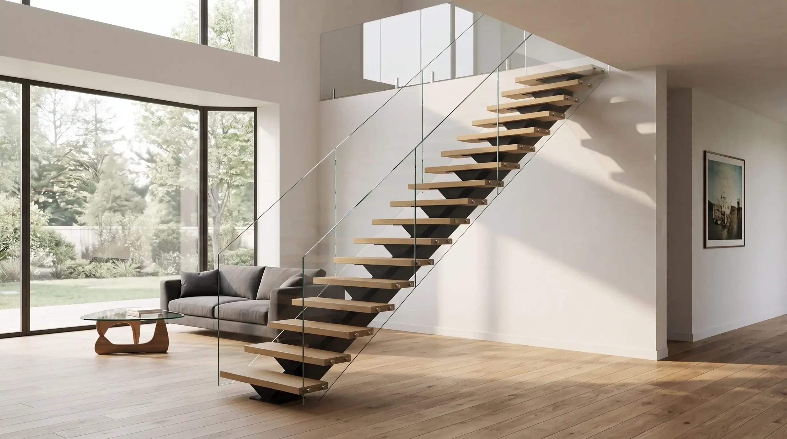 Escalier droit en acier à limon central dans un séjour lumineux
