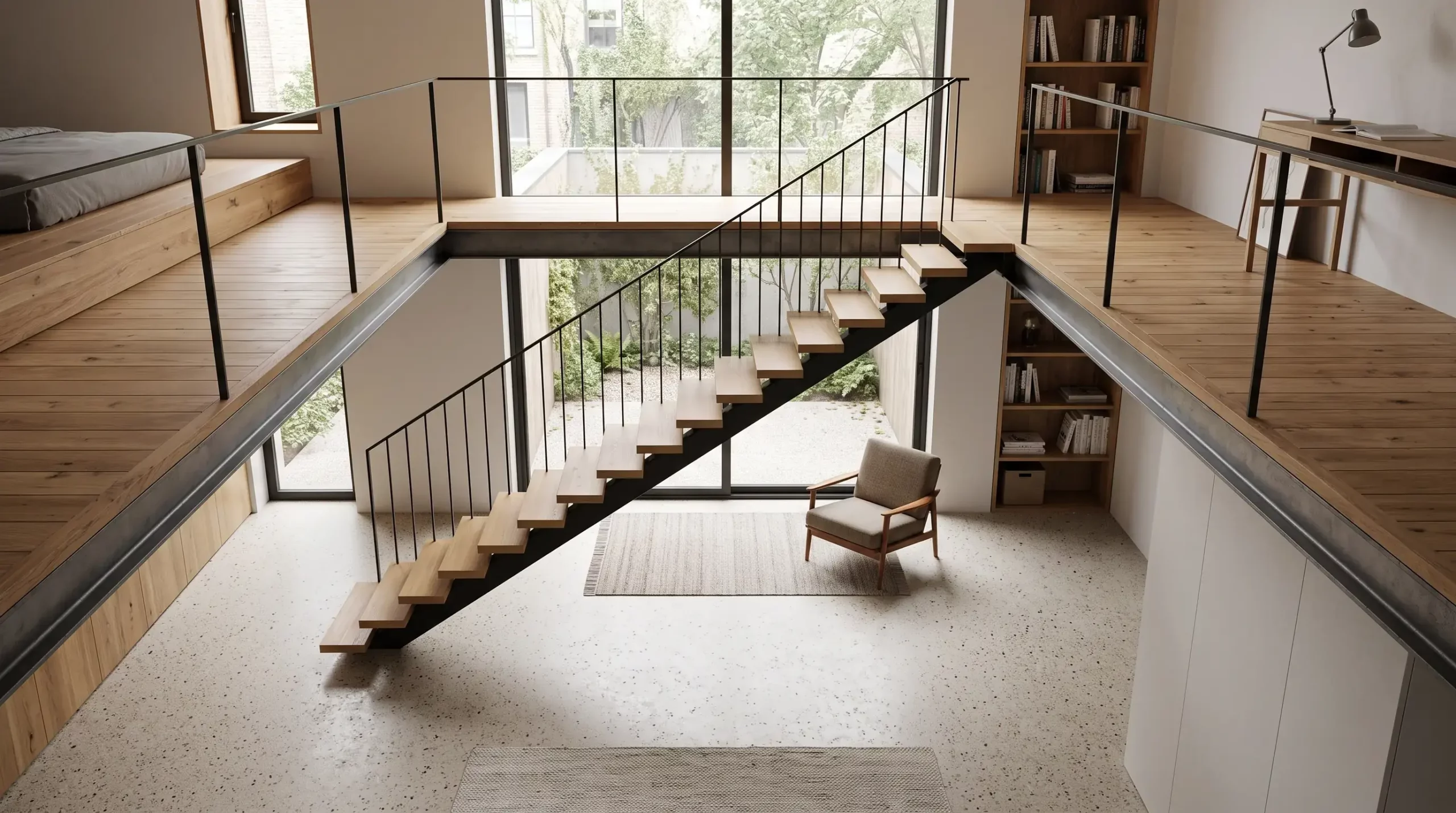 Escalier droit en acier desservant une mezzanine intérieure