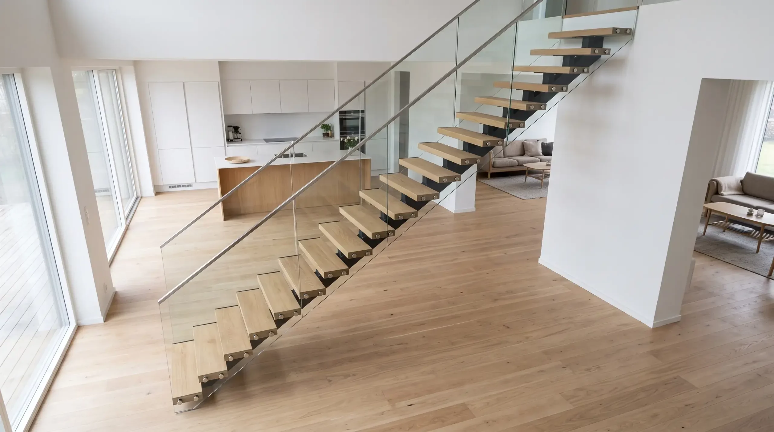 Vue en perspective d’un escalier droit et de son encombrement