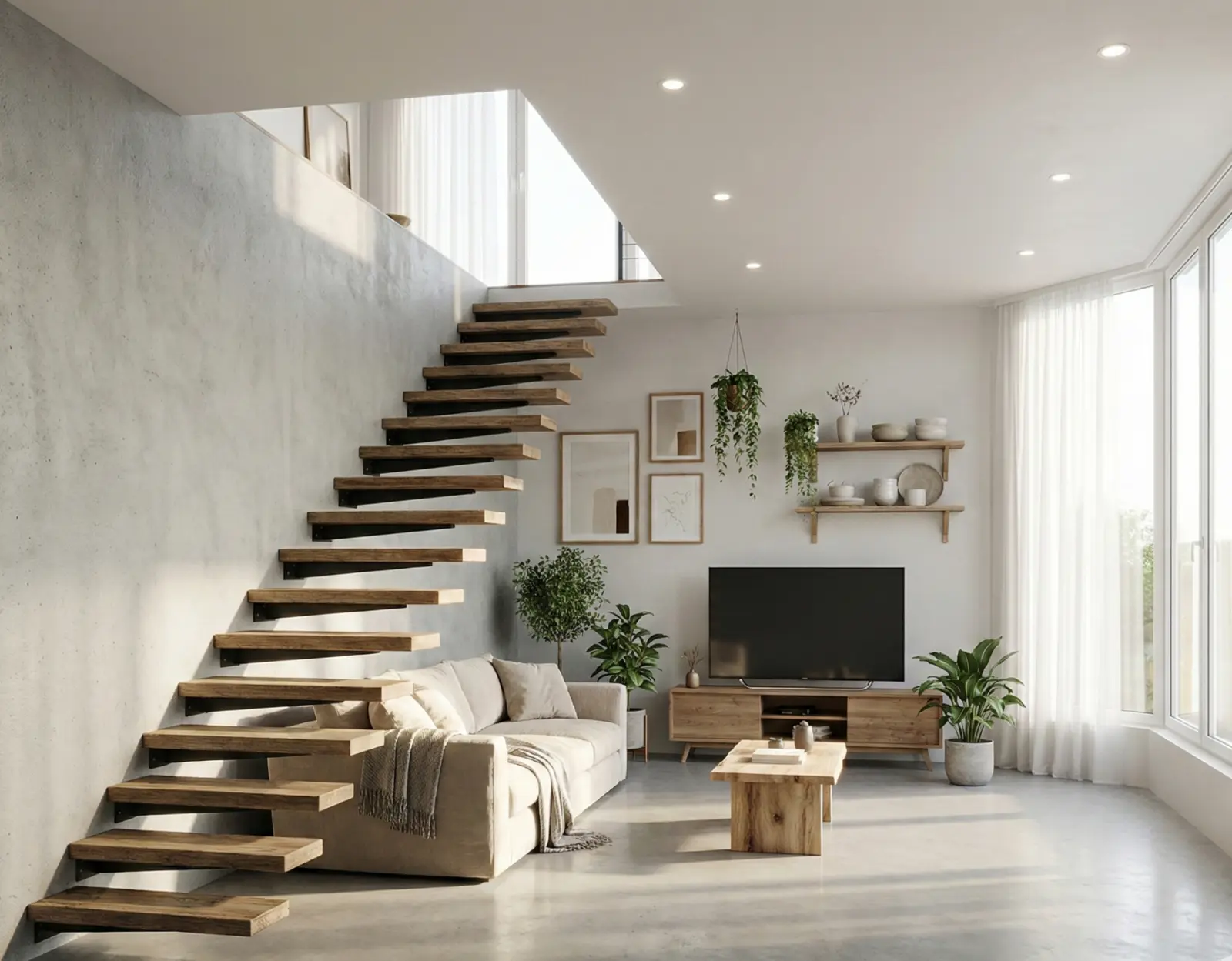 Illustration d’un escalier à marches suspendues avec supports en acier